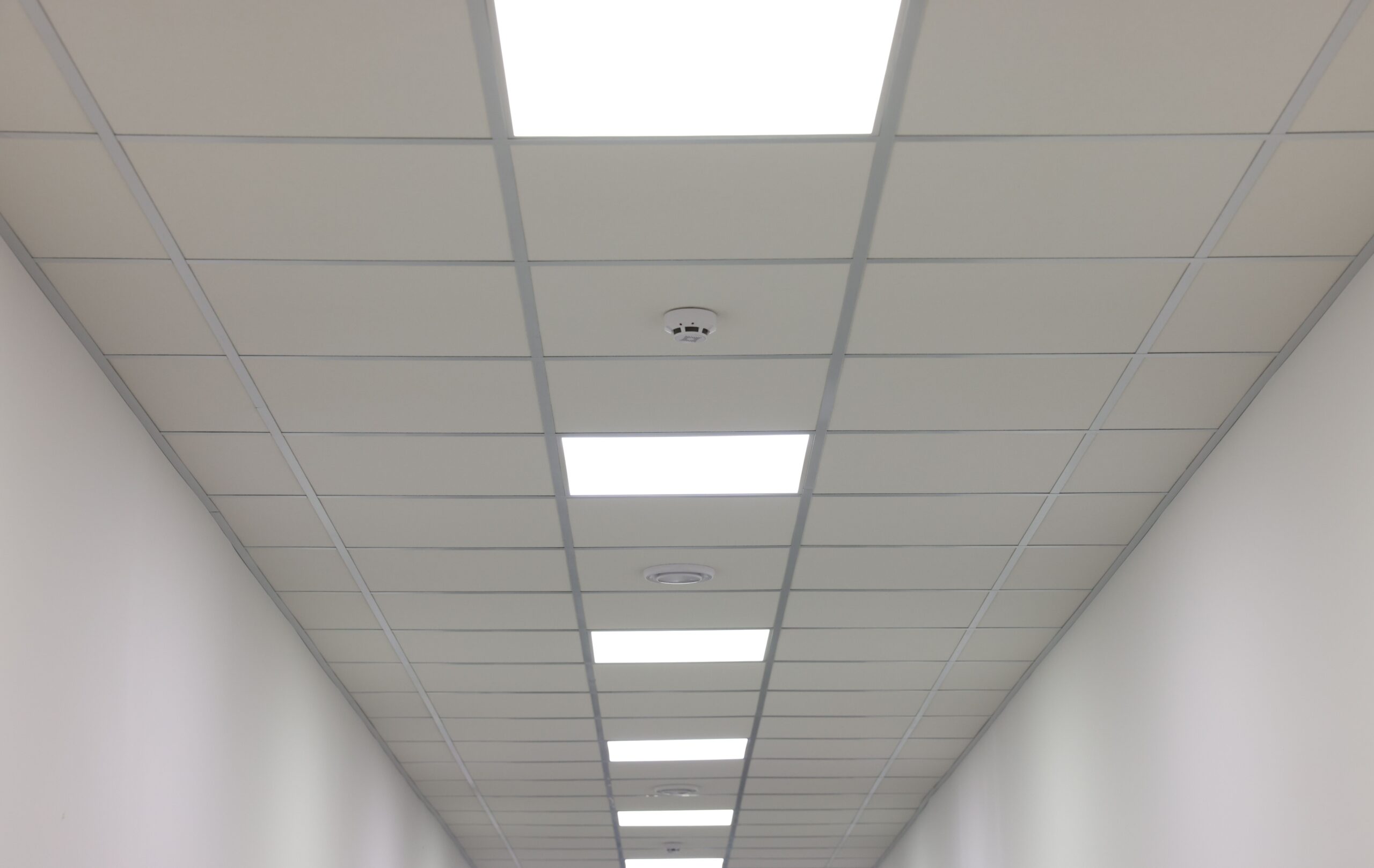 White ceiling with PVC tiles and lighting indoors, low angle view